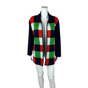 Vintage 70s Mod Blazer Women's XL Green Blue Squares Open Oversized Jacket Artsy